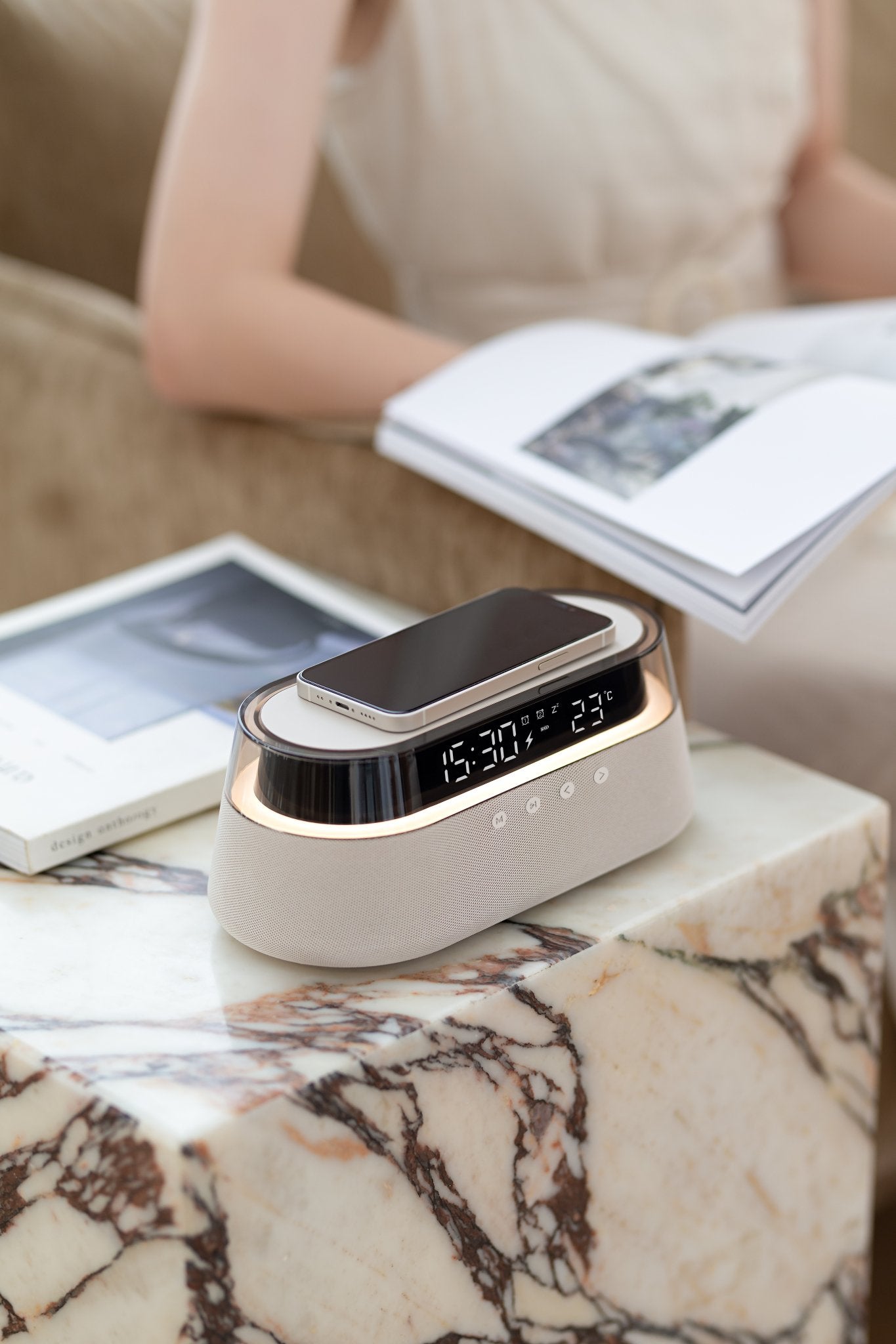 UK Technology Glass Top Clock Radio Speaker on a table top