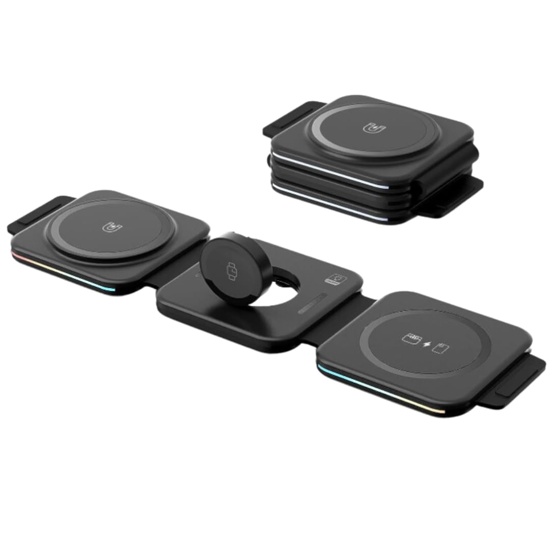 UK Technology 3-In-1 Portable Foldable Wireless Charger in both folded and open positions