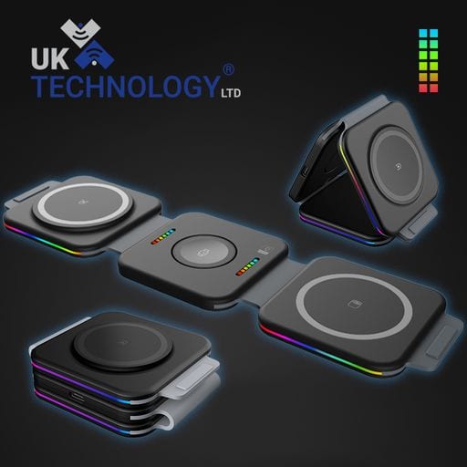 UK Technology 3-In-1 Portable Foldable Wireless Charger in all 3 foldable positions