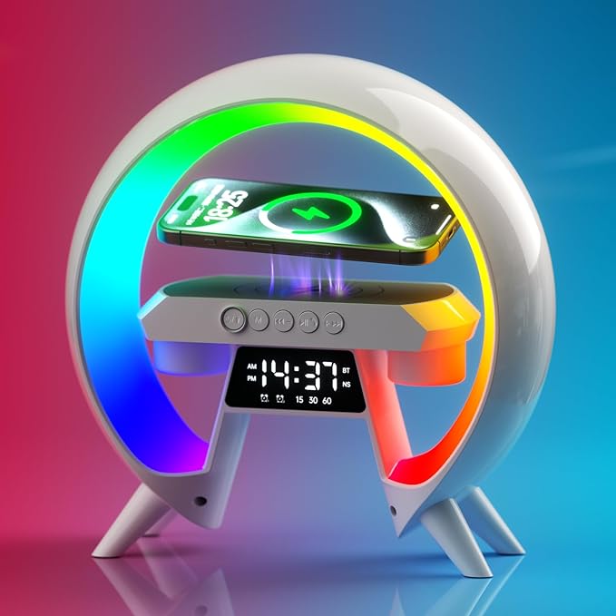 UK Technology O Lamp Wireless Charger Speaker white front view with phone floating above the charging pad to show wireless