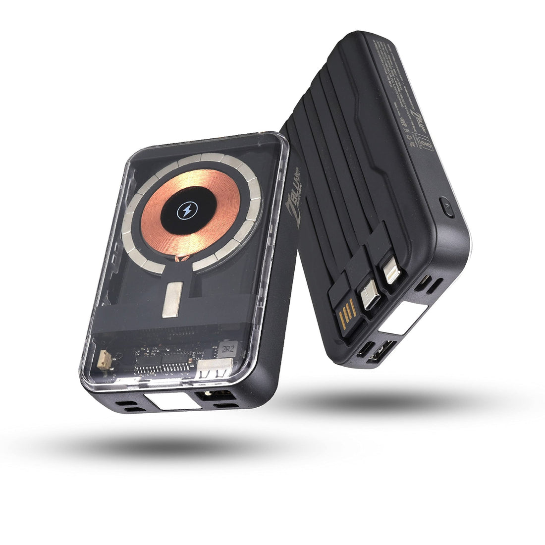 UK Technology Magnetic Power Bank With Built In USB C + Lightning Cables front and back view floating in mid air