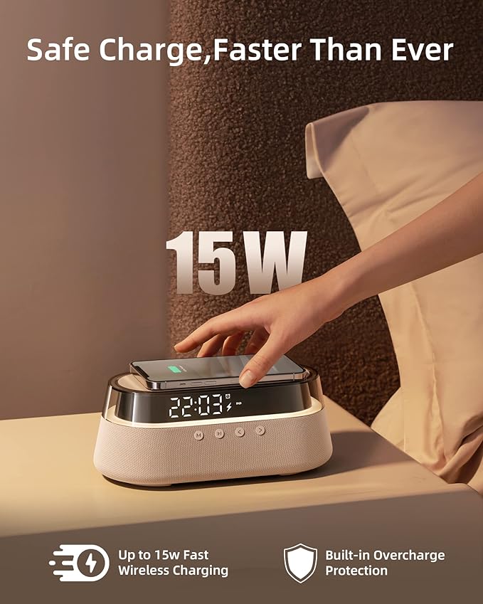 UK Technology Glass Top Clock Radio Speaker wireless charging output and bluetooth speaker