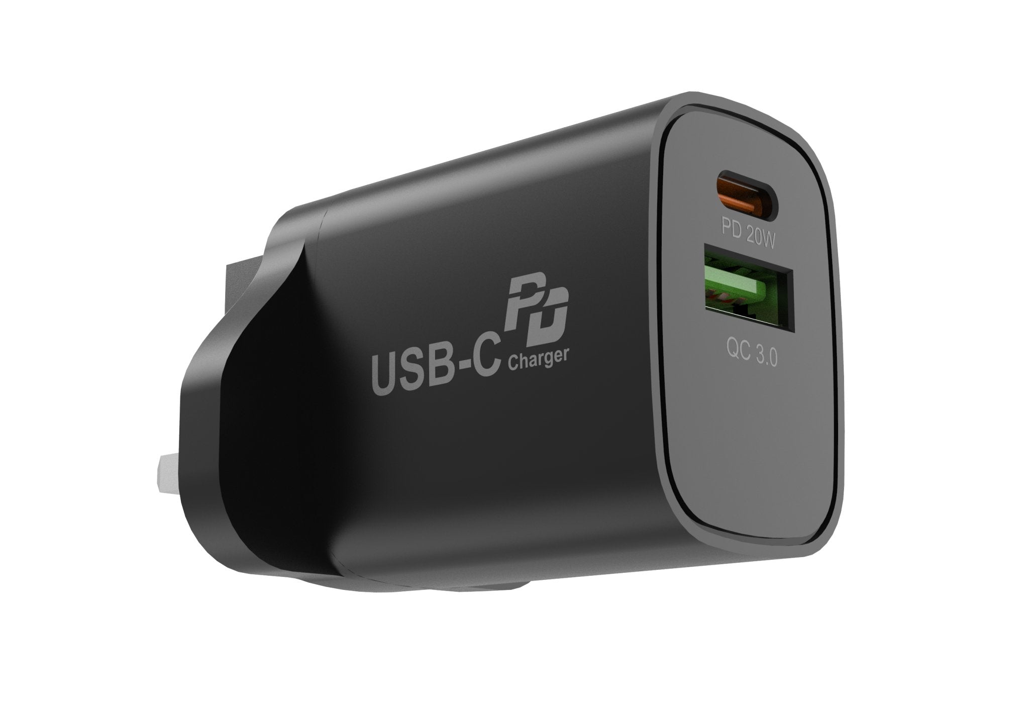 UK Technology 20W fast charging plug rear view from the left side below