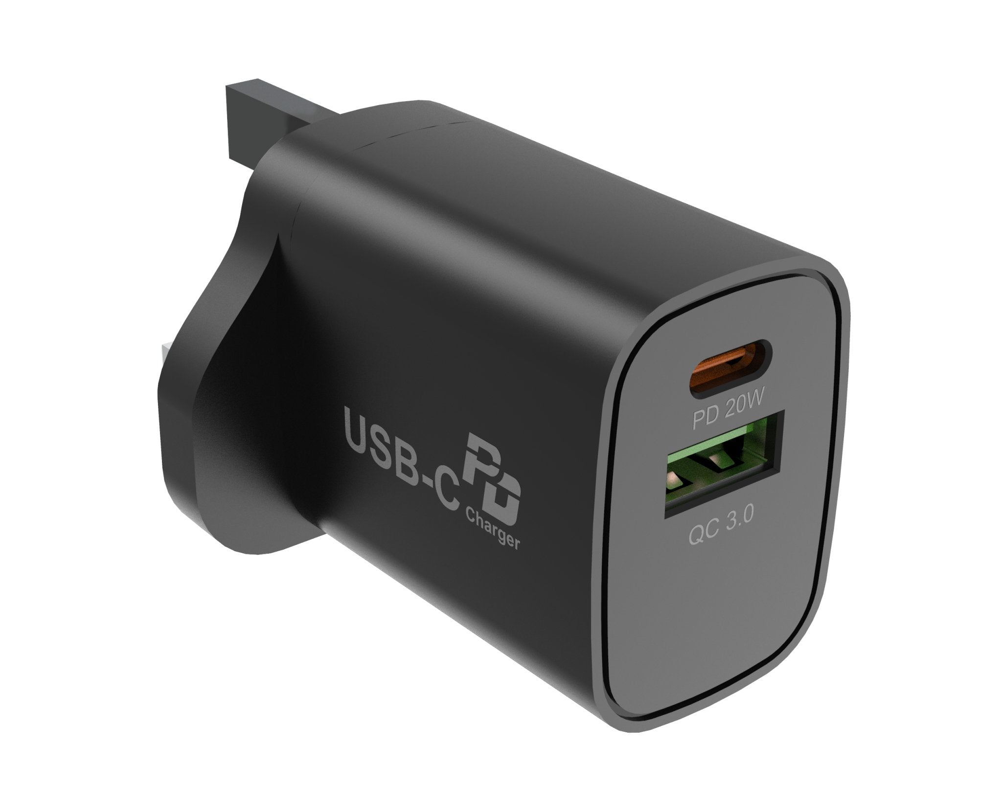 UK Technology 20W fast charging plug rear view showing text on left side