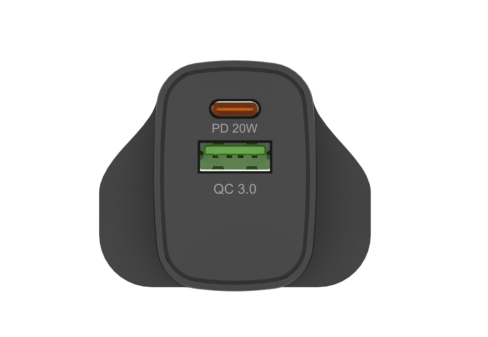UK Technology 20W fast charging plug rear view showing USB C and USB A ports