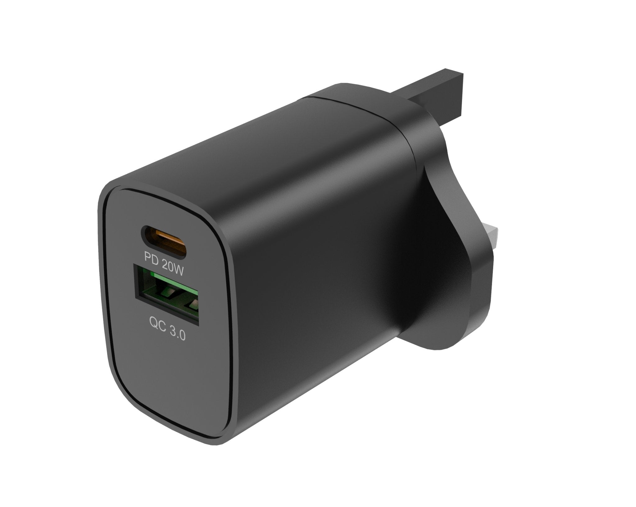 UK Technology 20W fast charging plug rear view from the right side above