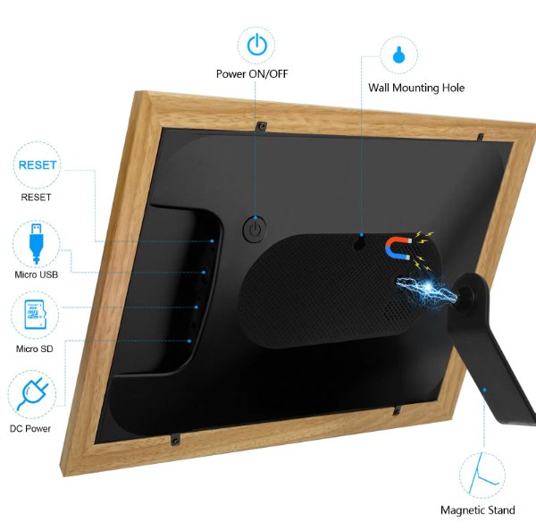 UK Technology Oak Wood Digital Photo Frame from behind explaining what all the different ports do on the back of the product
