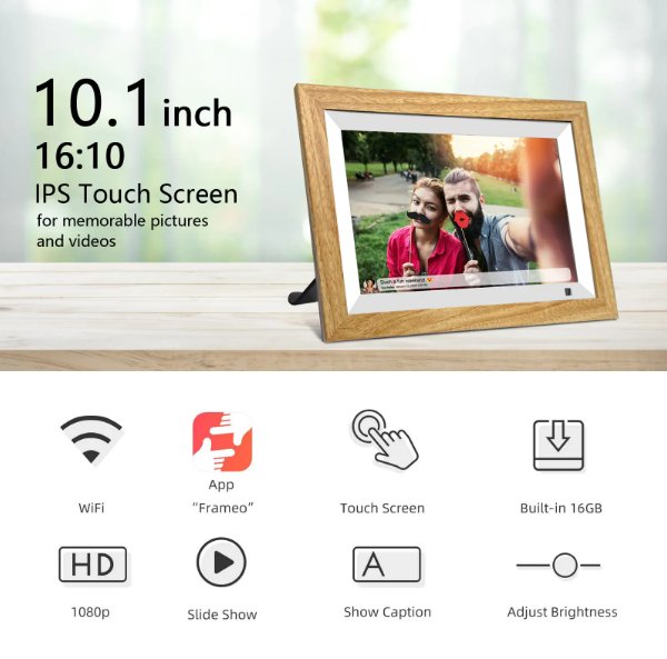 UK Technology Oak Wood Digital Photo Frame on a desk with multiple features of the frame listed below