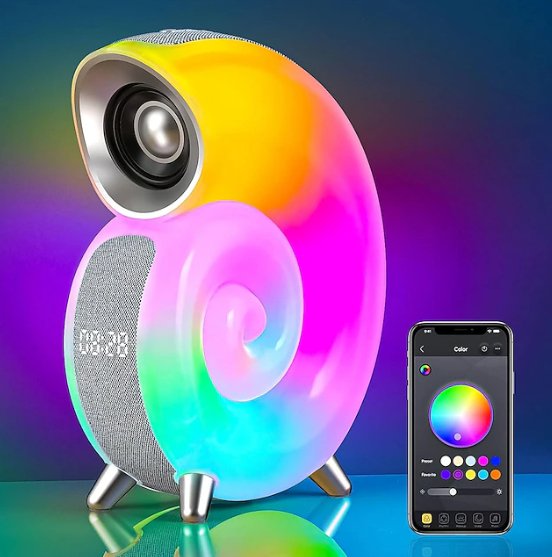 UK Technology Conch Music Lamp front view with phone showing app connectivity