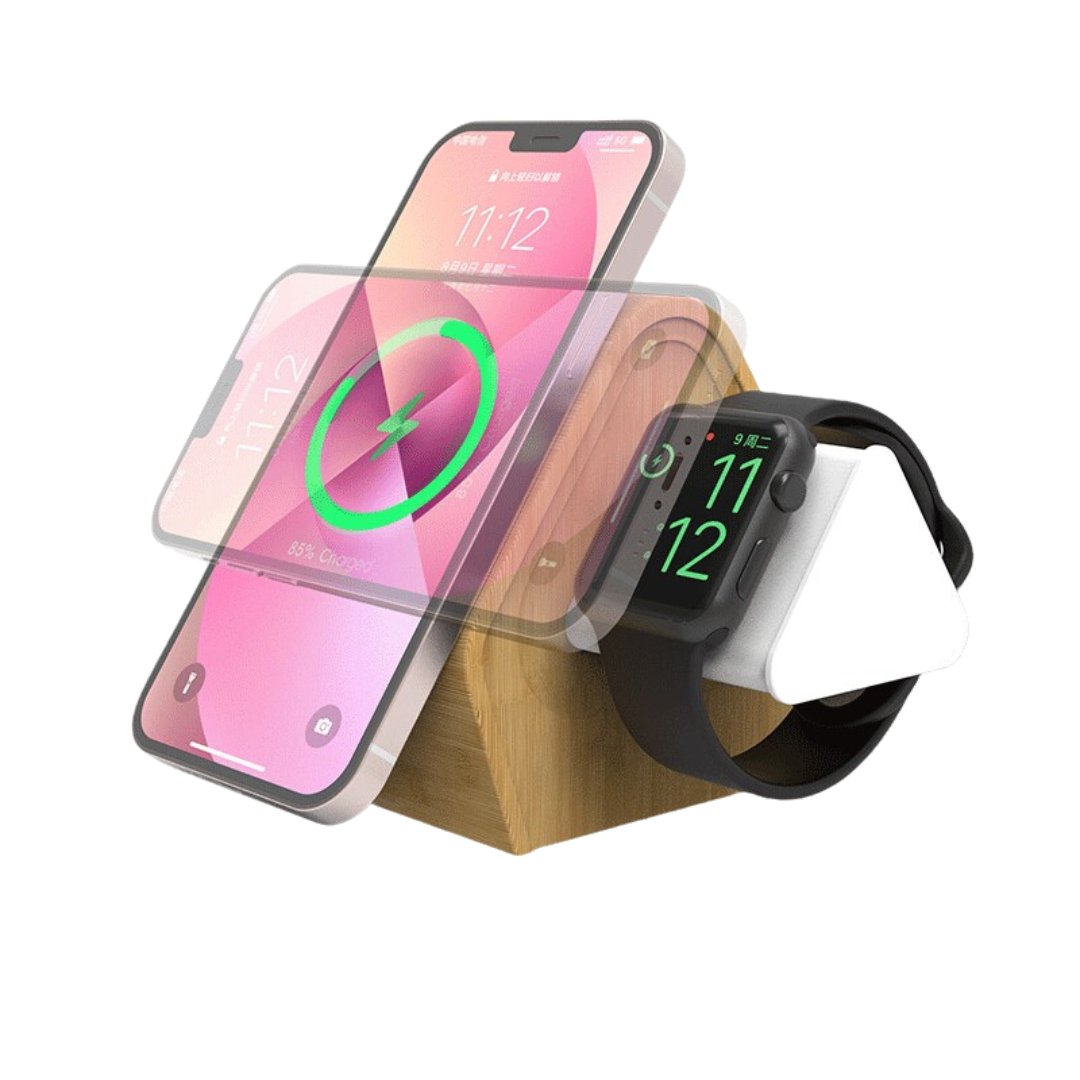 UK Technology 3-In-1 Bamboo Wireless Charging Station right side view showing the Apple Watch and iPhone being charged
