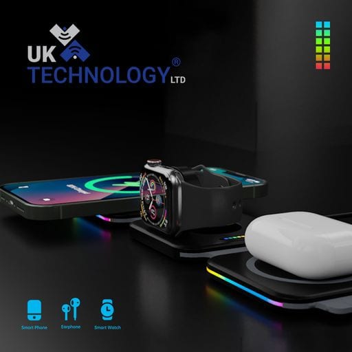 UK Technology 3-In-1 Portable Foldable Wireless Charger with a phone, iwatch and Airpods being charged