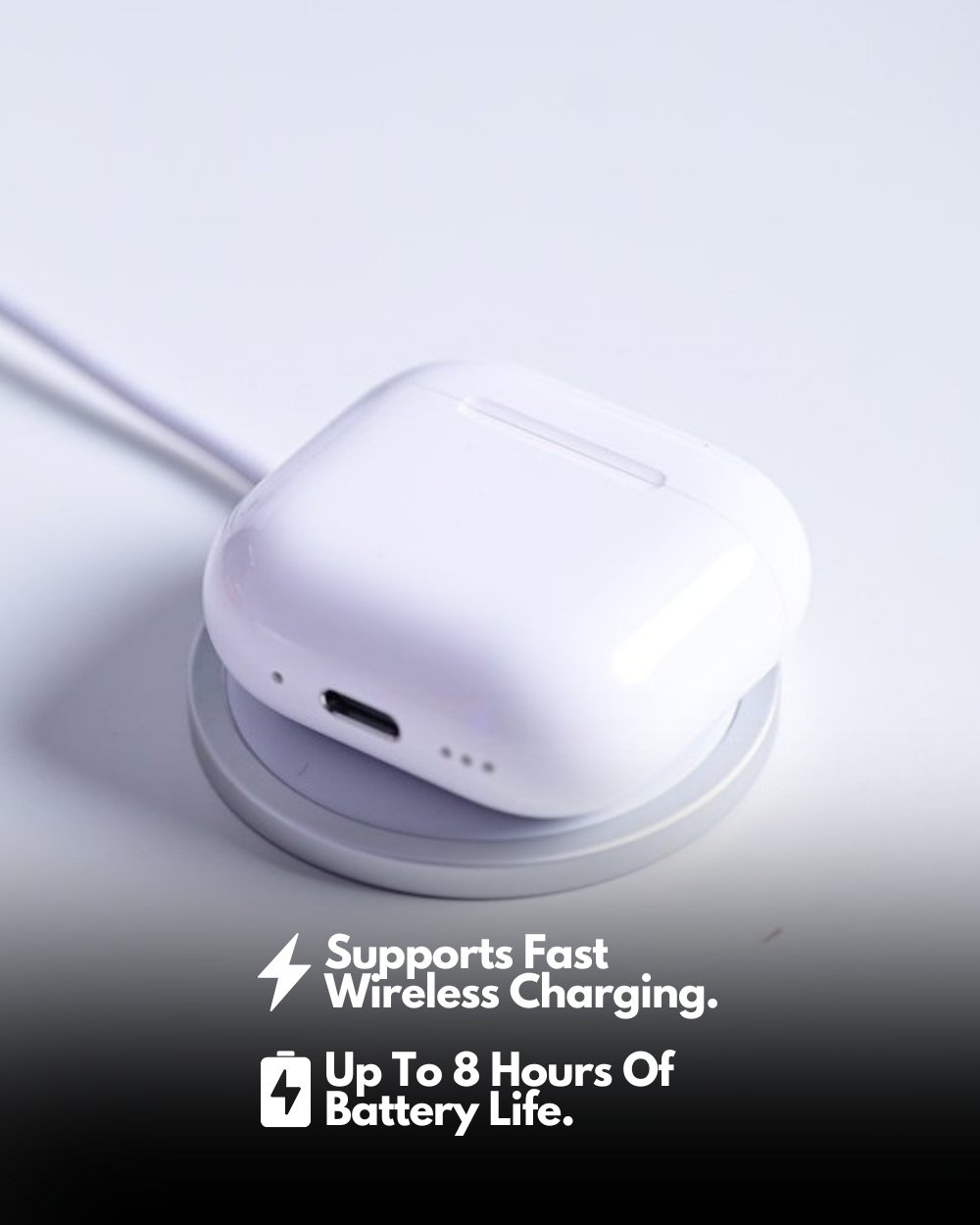 the earphones are sat on a wireless charging pad, highlighting their fast wireless charging ability and how they can hold their charge for 8 hours