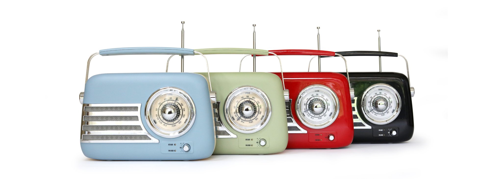 UK Technology Retro Radios lined up in the colours blue green red and black