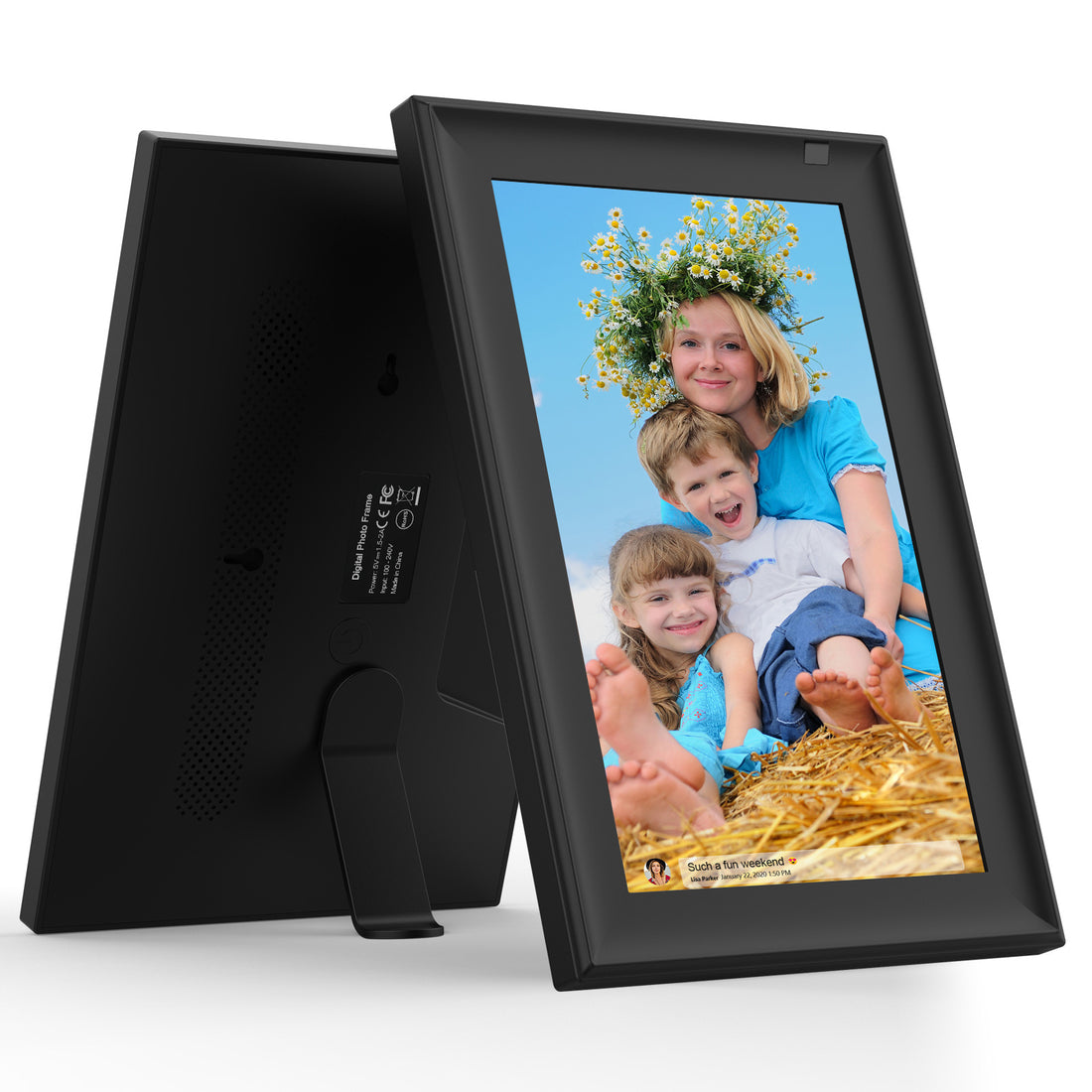 UK Technology Motion Detection Black WiFi Digital Photo Frame in portrait mode showing both the front and back