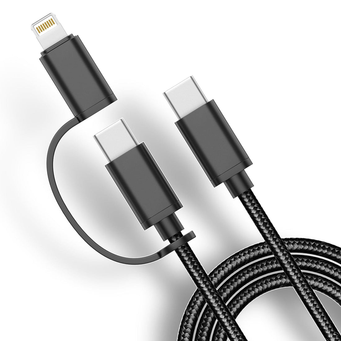 UK Technology 2-in-1 Charging Cable close up of the USB C to USB C + Lightning ends