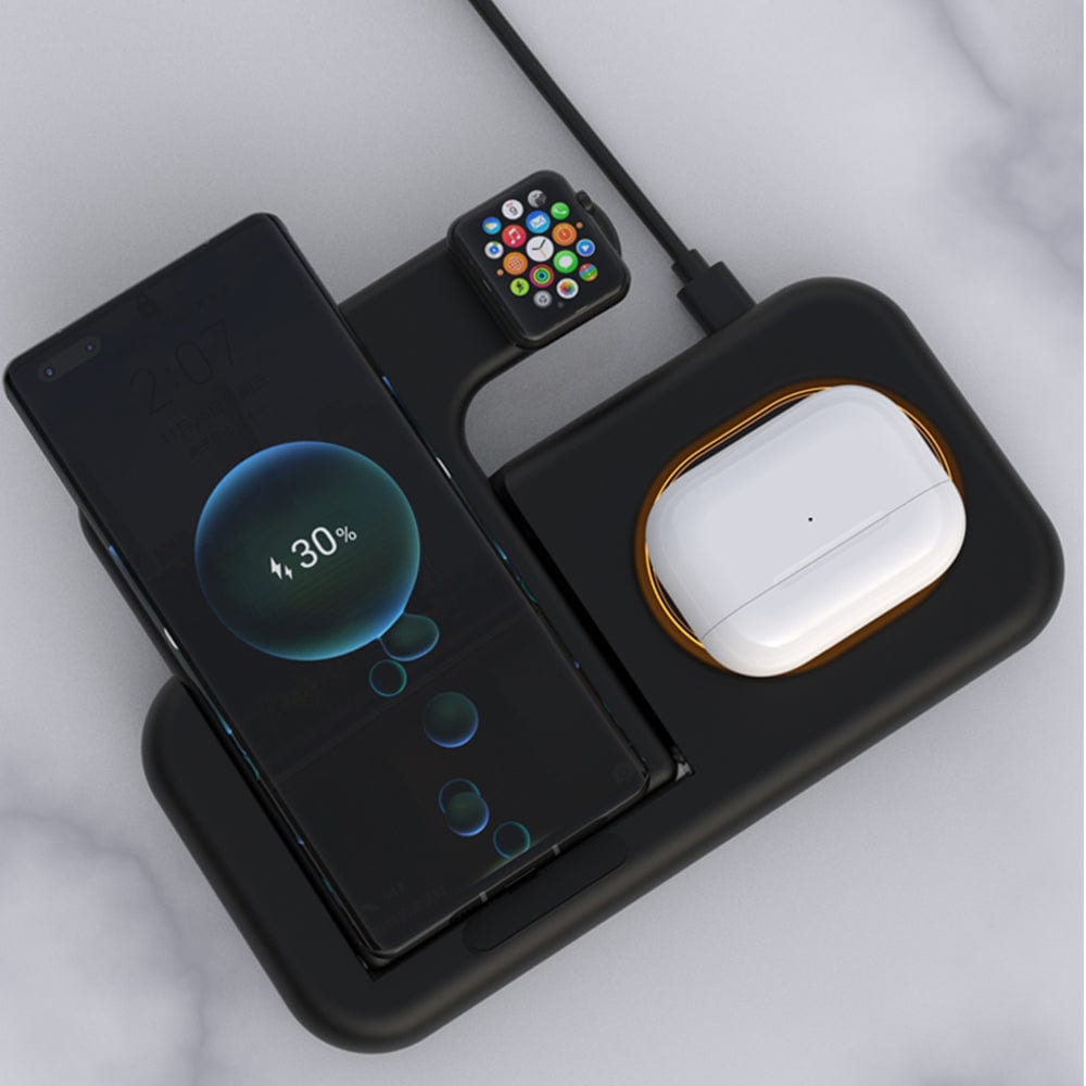 UK Technology TravelCharge 3 in 1 Wireless Charging Station top view with phone, iWatch and Airpods being charged