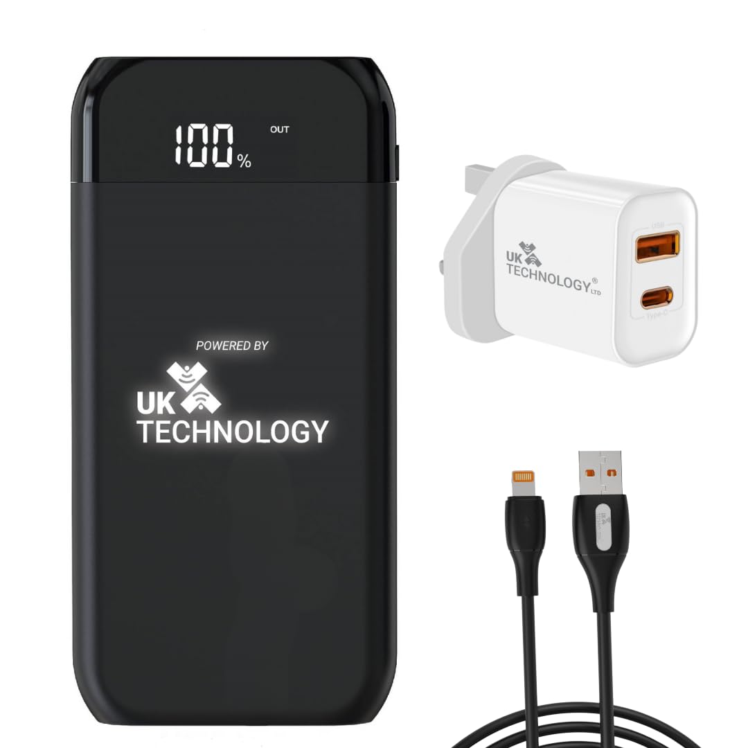 UK Technology SoftTouch 10,000mAh Wireless Charging Power Bank With Wireless Charging bundle with charging plug and cable
