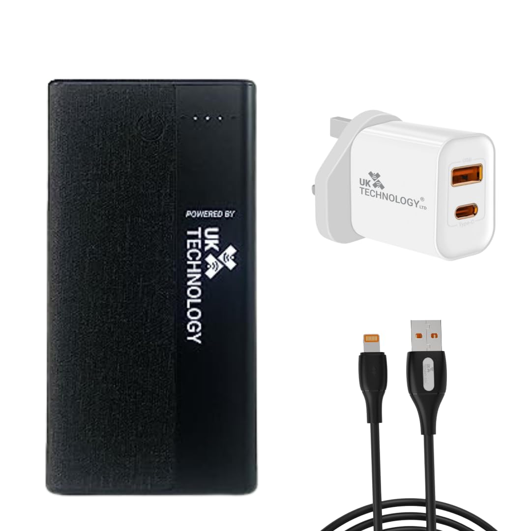 UK Technology FabricTouch 10,000mAh Power Bank With Wireless Charging bundle with charging plug and cable