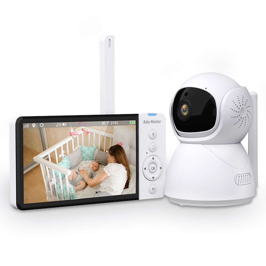 UK Technology Baby Monitor + Camera front view with a baby in the crib on the monitor