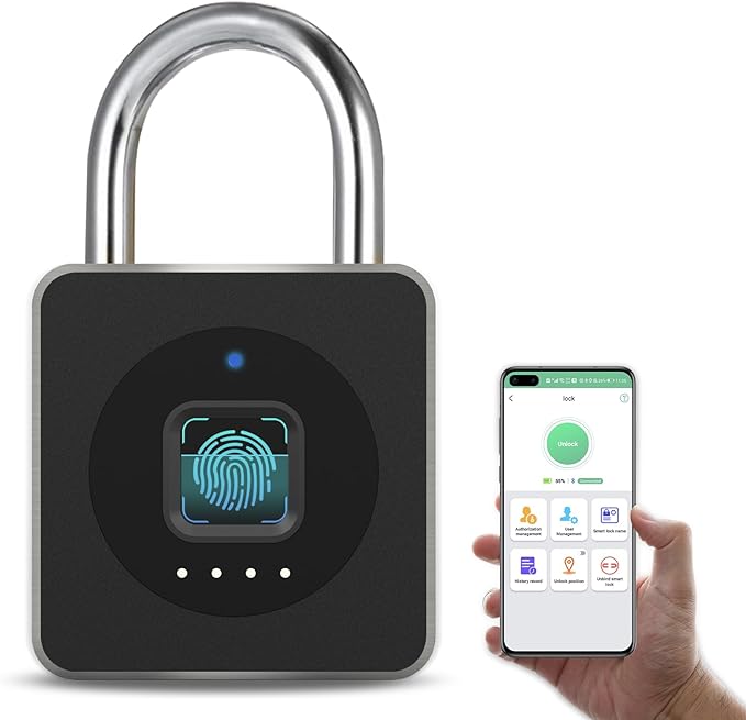 UK Technology Heavy Duty Smart Fingerprint Bluetooth Padlock front view showing app connectivity to a mobile phone