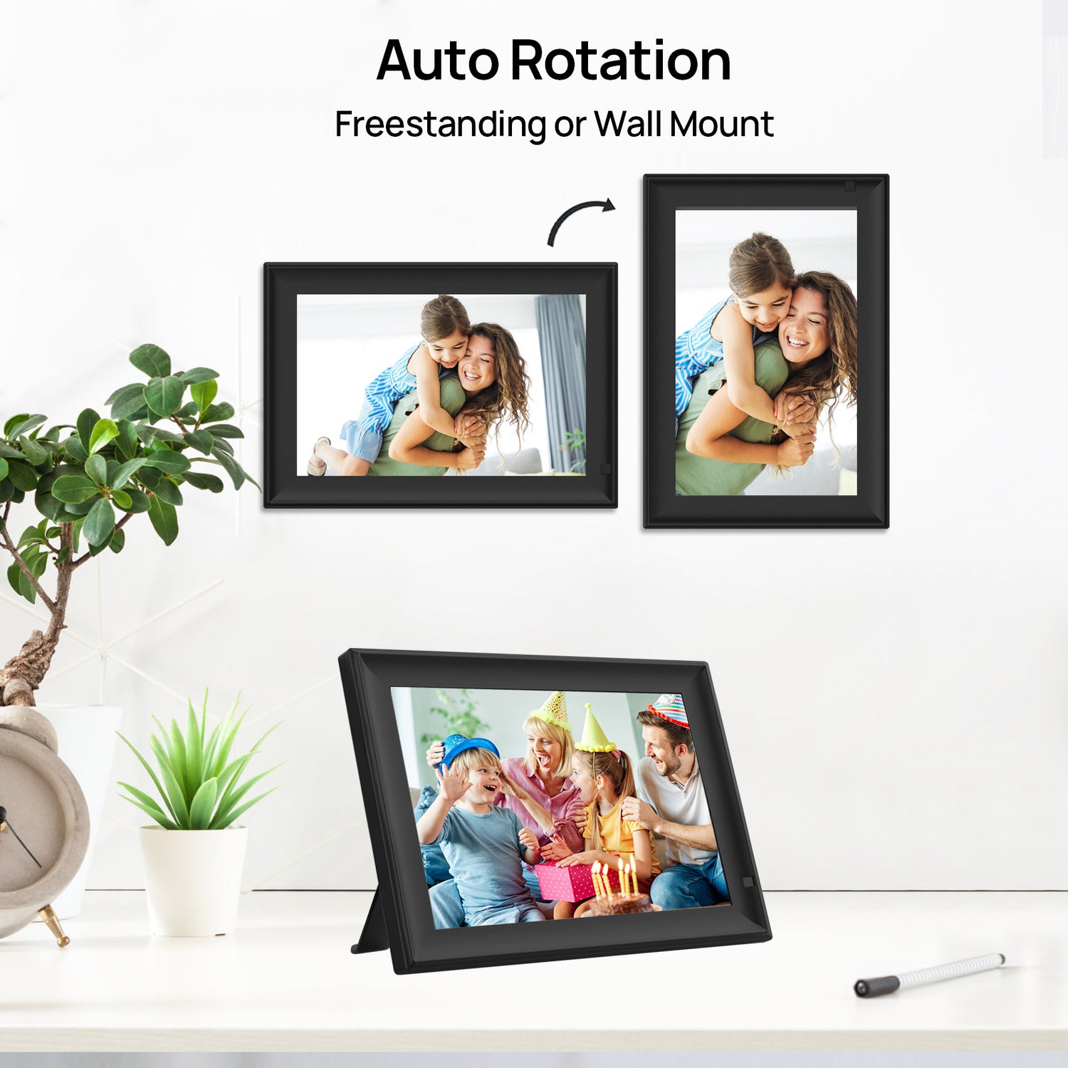 UK Technology Motion Detection Black WiFi Digital Photo Frame hung up on a wall in landscape and portrait showing auto rotate