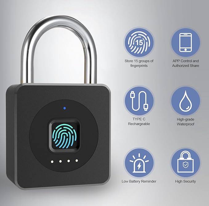 Heavy Duty Smart Fingerprint Bluetooth Padlock with features of the product to the right