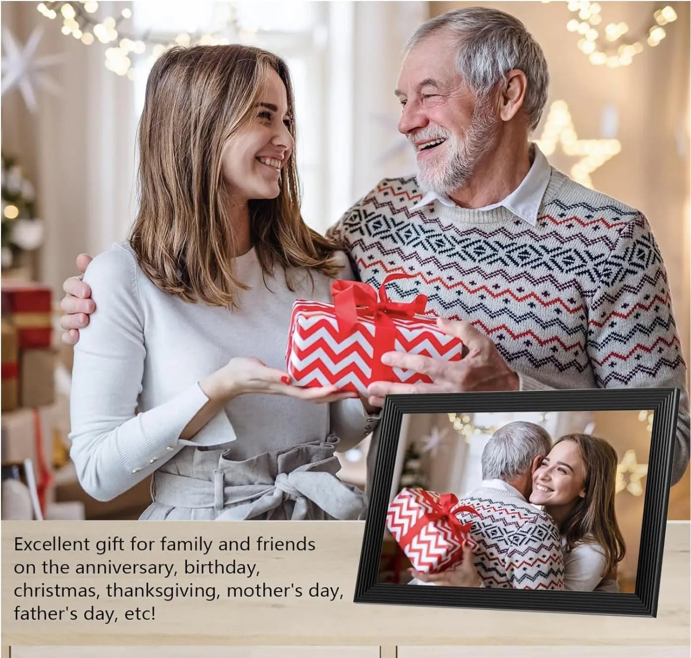A young woman giving an older man a present with a Digital Photo Frame in landscape mode in the corner