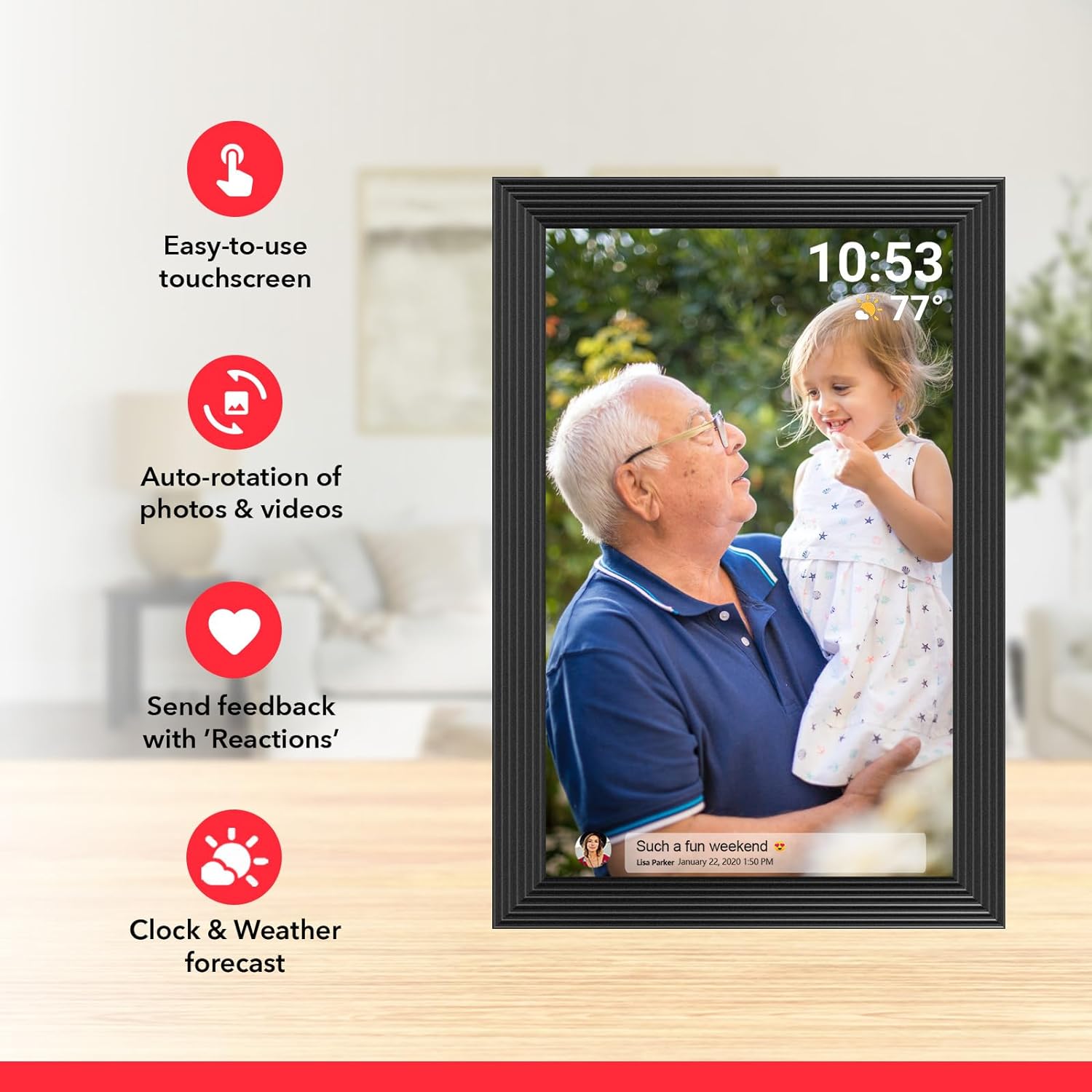 UK Technology black digital photo frame in portrait mode with features listed to the left