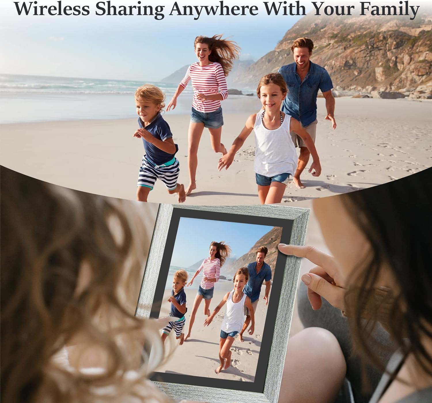 A family running on the beach and then uploading their photo to a UK Technology Grey Wood Digital Photo Frame