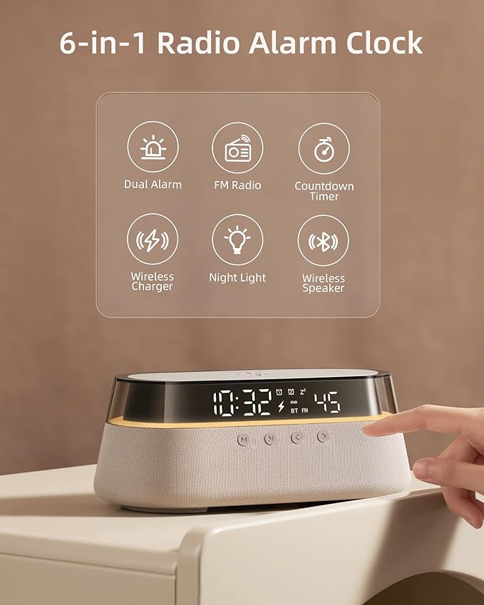 UK Technology Glass Top Clock Radio Speaker on bedside and finger tapping the edge to change the light with all the features