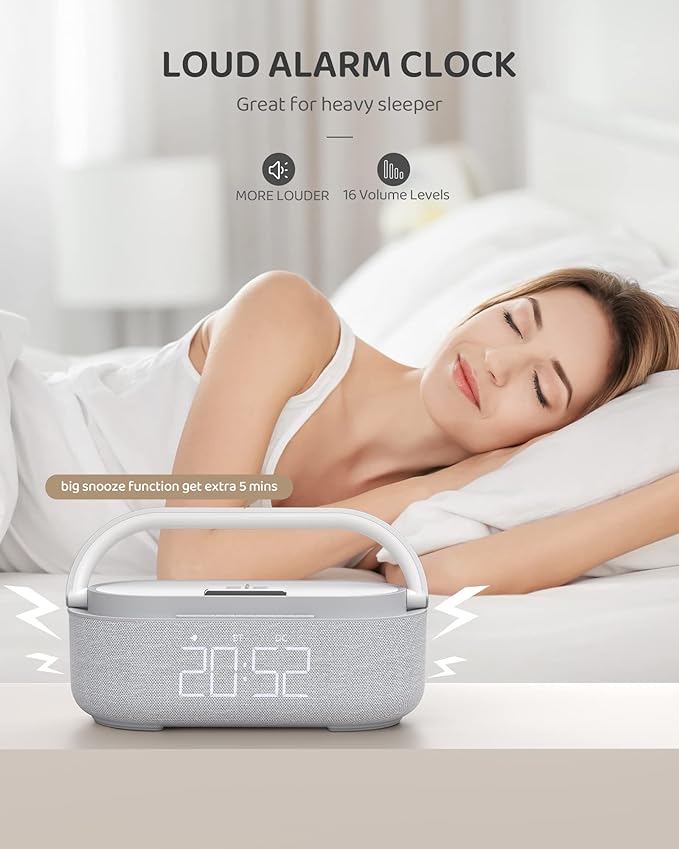 Grey Clock Radio - Wireless Charging, LED Lamp, Bluetooth Speaker