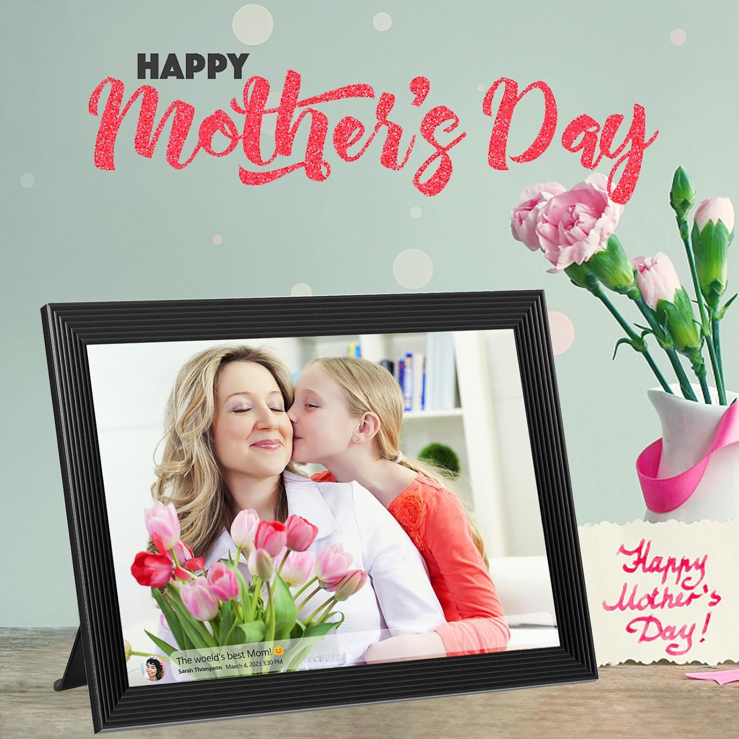black digital photo frame with mothers day writing
