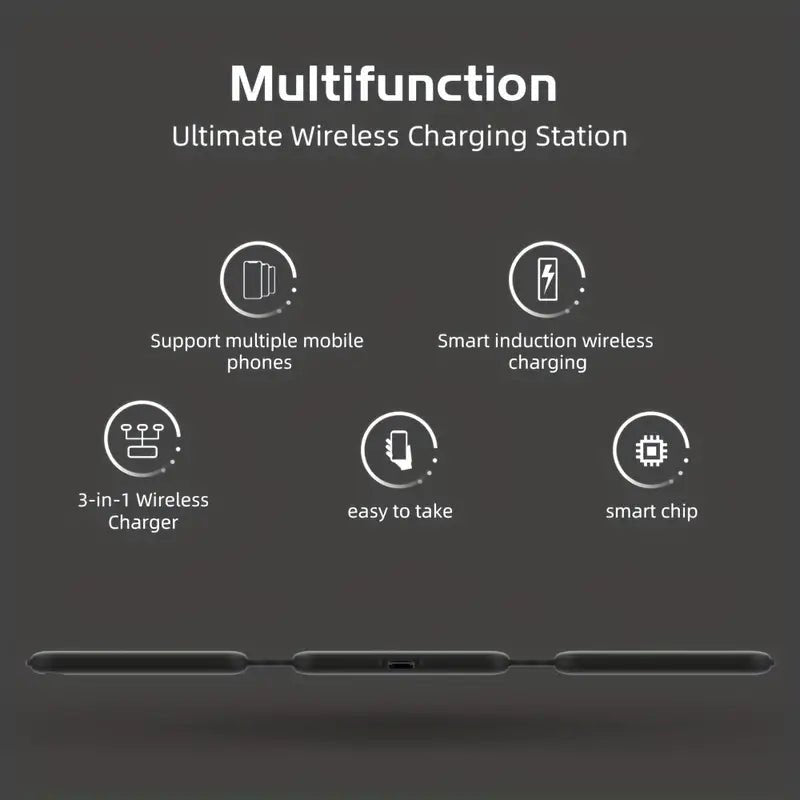 UK Technology TravelCharge 3 in 1 Wireless Charging Station laid flat with features above