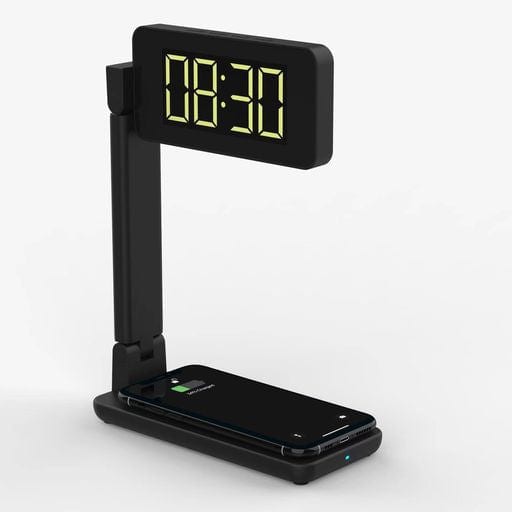 UK Technology LED Desk Lamp front view of LED display and phone using the wireless charging pad