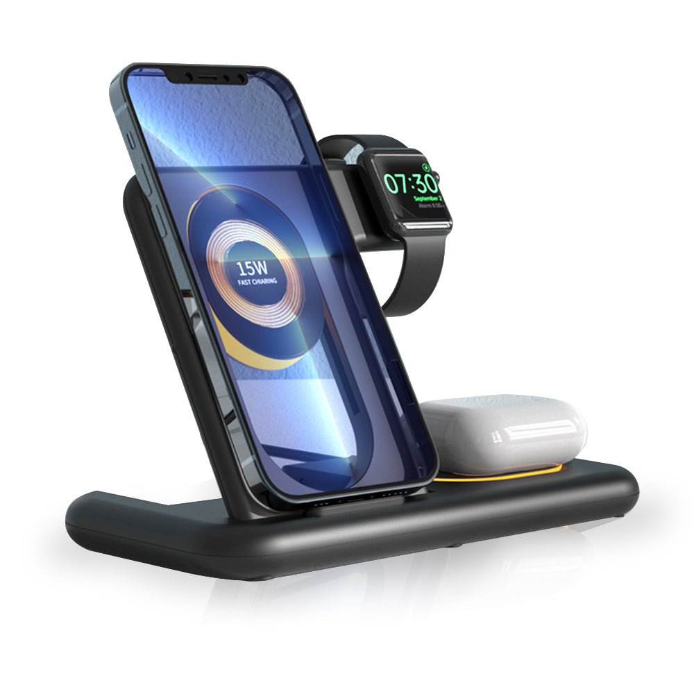UK Technology TravelCharge 3 in 1 Wireless Charging Station front view with phone, iWatch and Airpods being charged