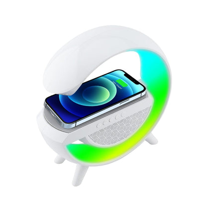 UK Technology G Lamp Wireless Charger Speaker white rear view with phone charging on the wireless charging pad