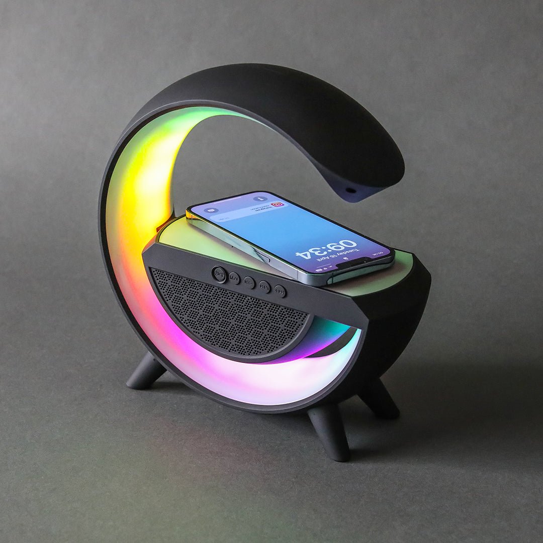 UK Technology Premium LED Matte G Lamp in a dark setting with the rainbow RGB setting on