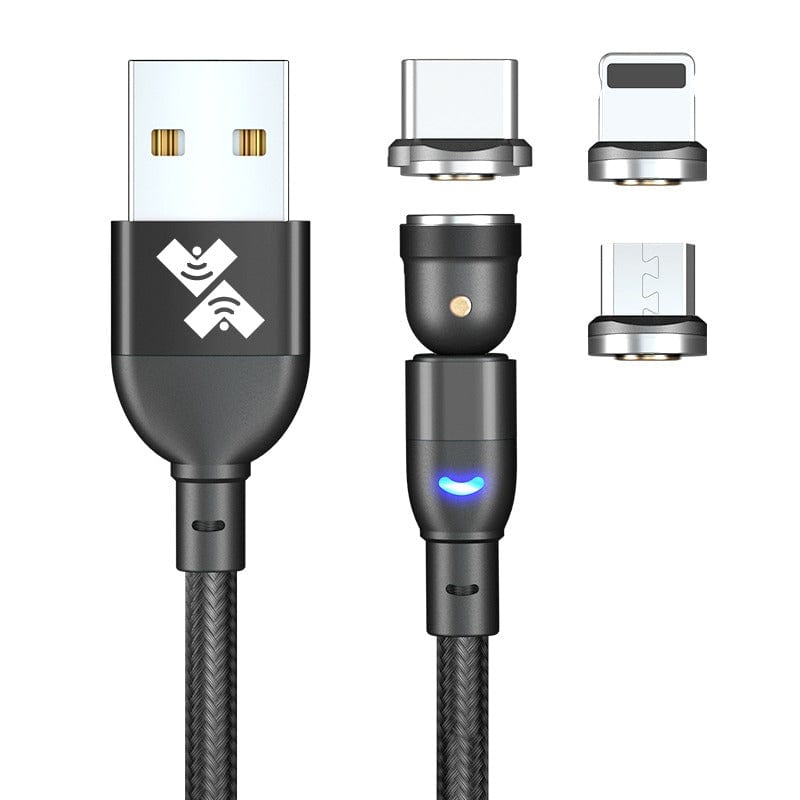 UK Technology Magnetic Changeable Charging Cable close up view of detachable magnetic heads: USB-C, Lightning and Micro USB