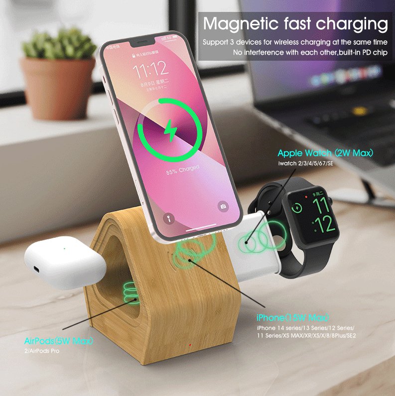 UK Technology 3-In-1 Bamboo Wireless Charging Station on desk with devices floating above it demonstrating magnetic charging