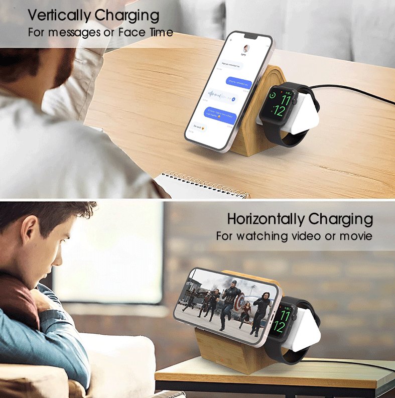 UK Technology 3-In-1 Bamboo Wireless Charging Station and a phone in both landscape and portrait mode for the MagSafe feature