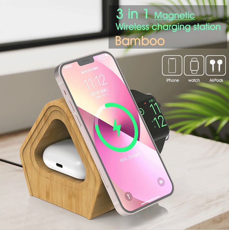 UK Technology 3-In-1 Bamboo Wireless Charging Station sat on a desk showing it can charge an iPhone, iWatch and Airpods