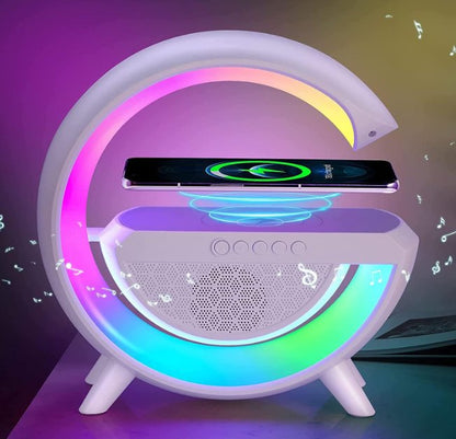 UK Technology G Lamp Wireless Charger Speaker white playing music and charging a phone wirelessly