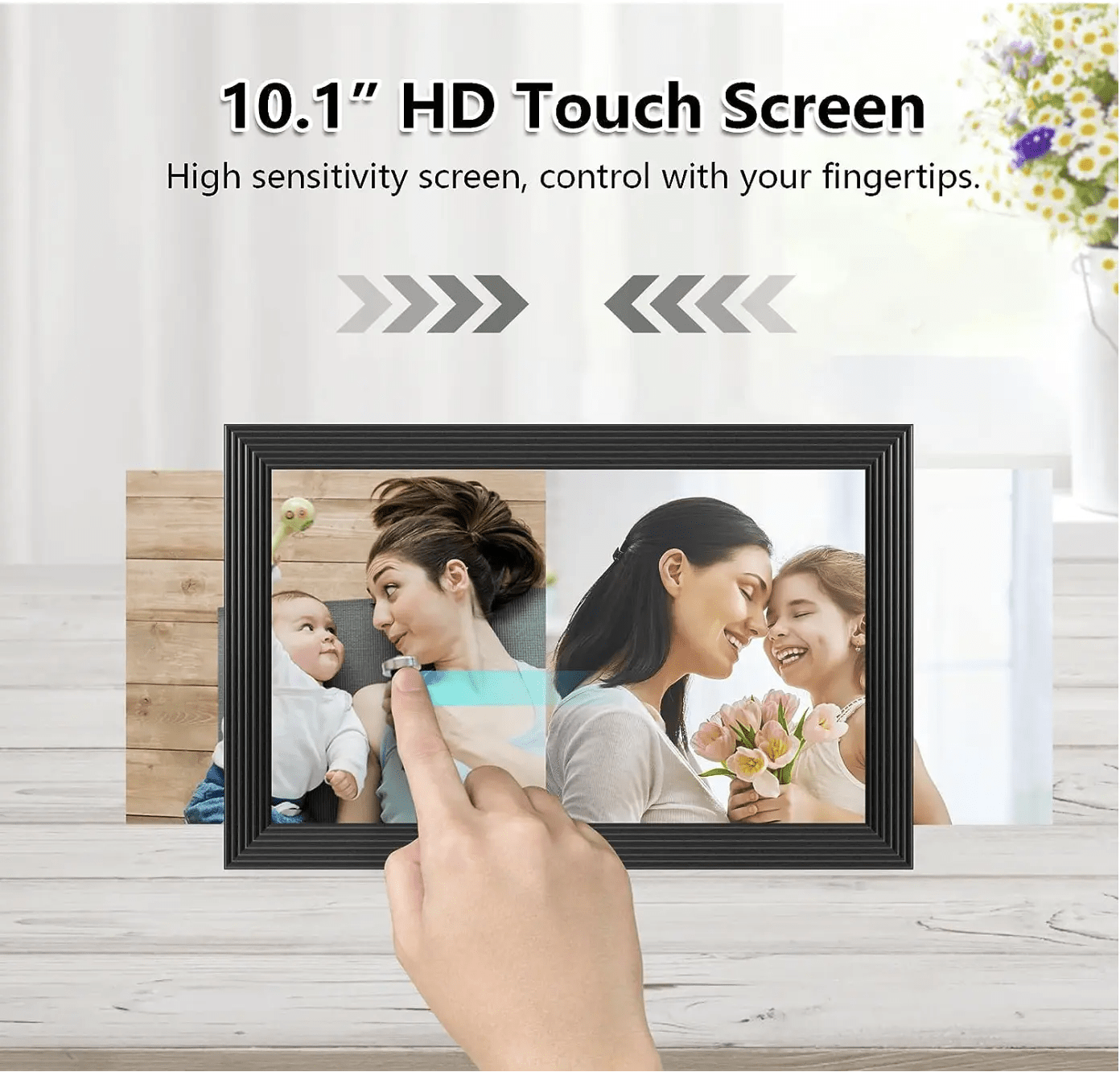 UK Technology Black Digital Photo Frame with a finger doing a swiping motion demonstrating the high sensitivity screen.