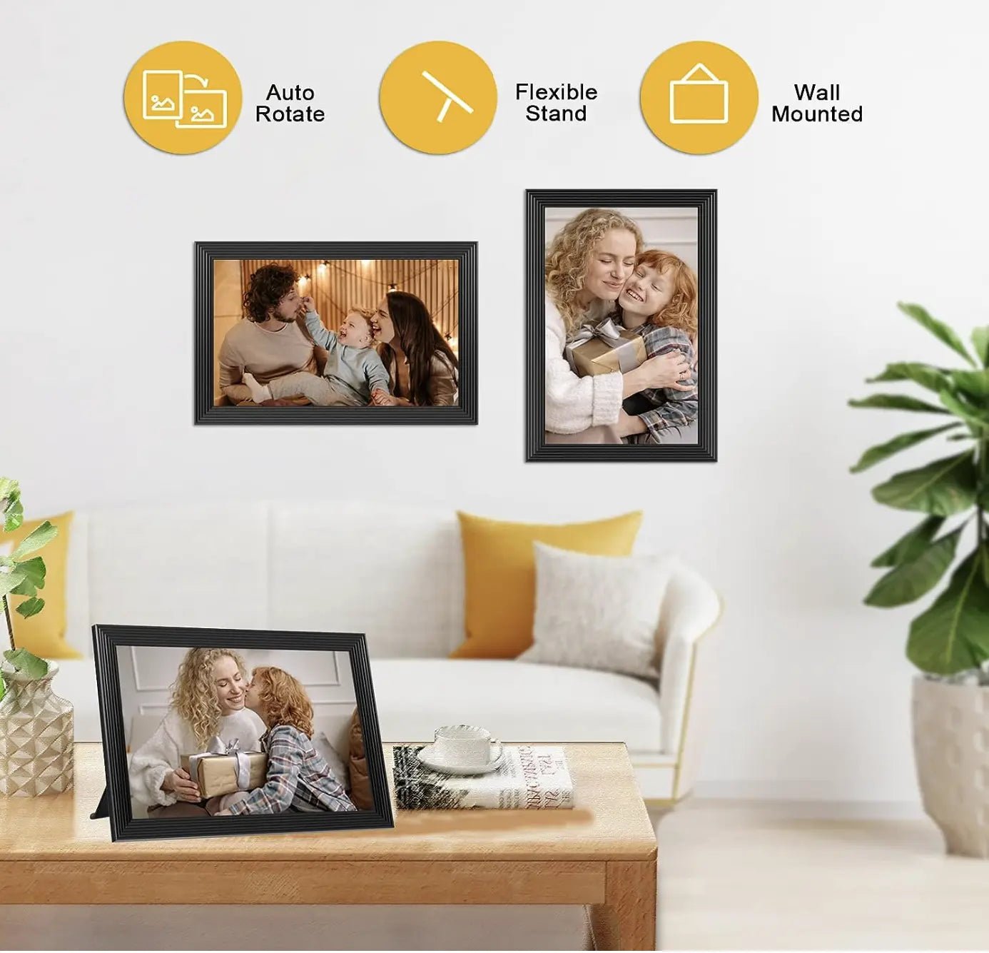 Three UK Technology Black Photo Frames positioned differently around a room in both landscape and portrait mode