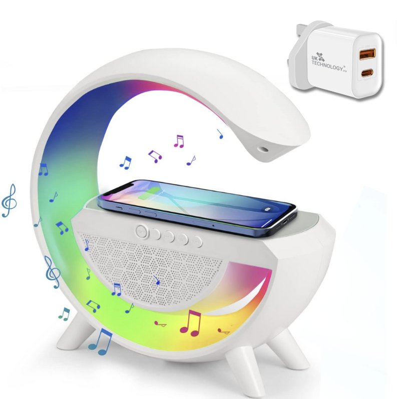 UK Technology G Lamp Wireless Charger Speaker white front view with plug