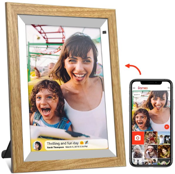 UK Technology Oak Wood Digital Photo Frame in portrait mode with an arrow to suggest it can switch between the orientations