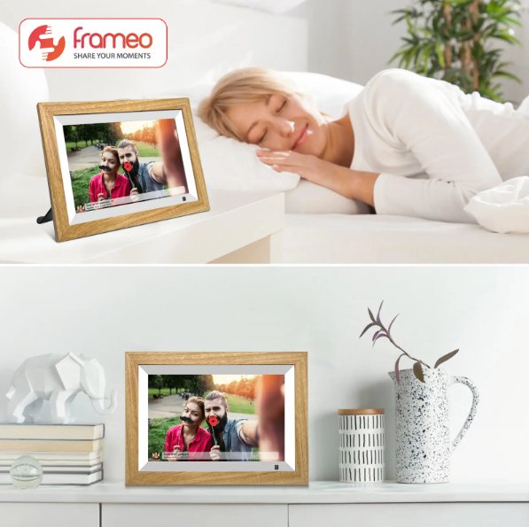 UK Technology Oak Wood Digital Photo Frame in a bedroom setting and a living room setting