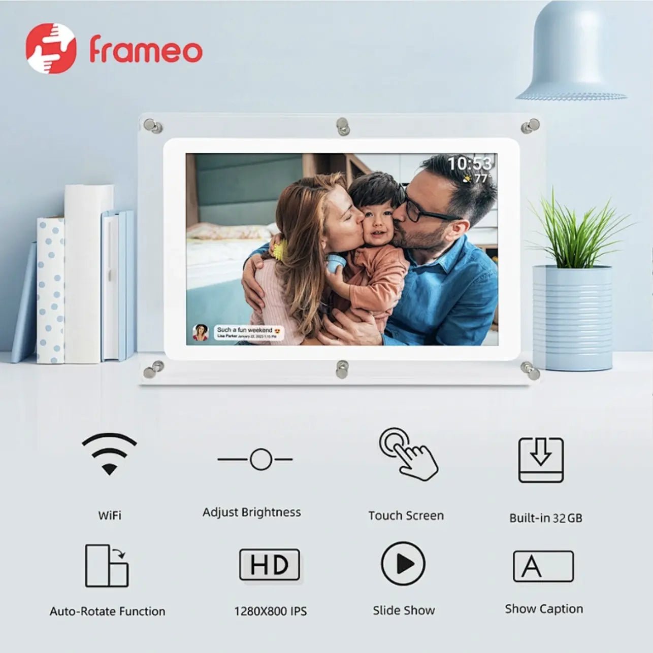 UK Technology Acrylic Photo Framein landscape mode on a desk with different beneficial features below: