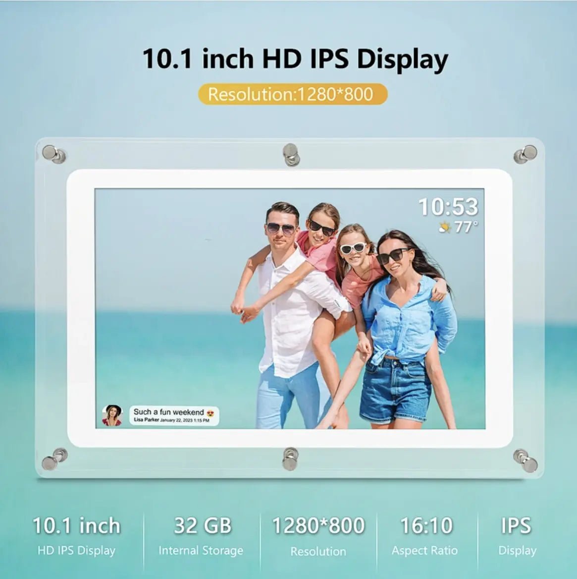 UK Technology Acrylic Photo Frame showing an image of a family on holiday with features underneath with a beachy background