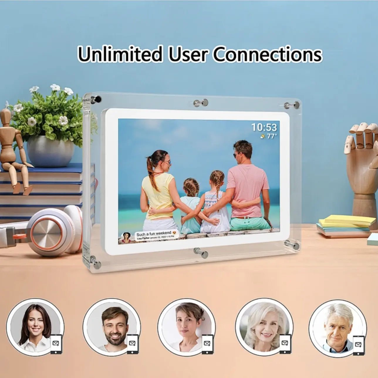 UK Technology Acrylic Digital Photo Frame with a family in a beach setting with 5 icons of people showing connectivity